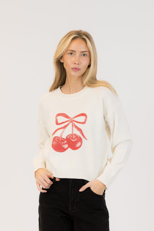 Avery Cherry Crewneck-White